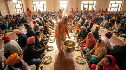 Communal Meal in a Gurdwara: A scene of community and sharing as people of all ages gather on the floor to partake in a langar, a communal meal served in a Sikh gurdwara.