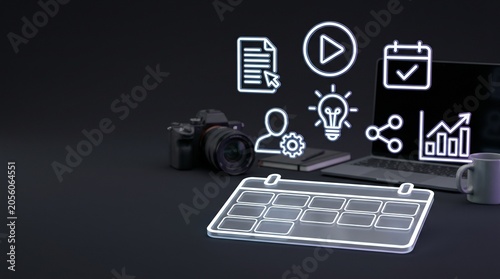 Content Marketing Strategy Concept with Digital Icons and Planner on Office Desk