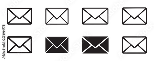 Set of eight envelope icons email communication symbols simple outline and solid fill.
