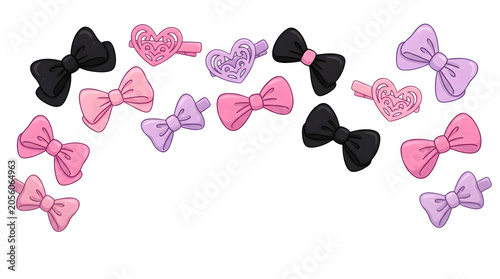 Colorful hair bows and heart clips isolated on transparent background