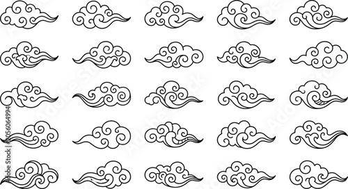 25 stylized black and white cloud outlines with swirling patterns, isolated on white black and white clouds