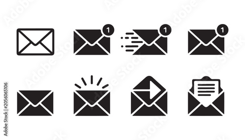 Email notification mail icon set with new message alert send status and open letter vector illustra.