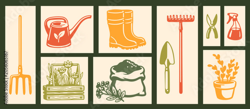 Block background with hand drawn gardening supplies. Graphic collection of tools, watering can, plants, sprayer, dibble, and pot. Usable as stickers, logo, or isolated elements.