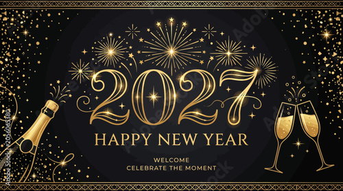 Elegant Golden Happy New Year 2027 Celebration Background with Fireworks and Champagne Toast for Corporate Events