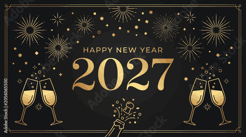 Elegant Happy New Year 2027 Celebration Banner with Golden Fireworks, Champagne Toast, and Festive Design for Seasonal Greetings and Event Invitations
