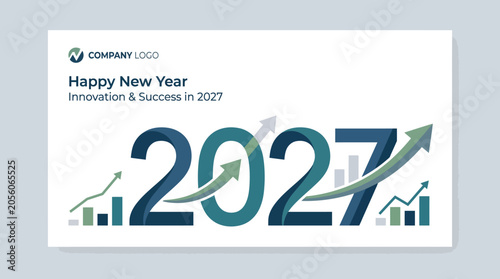 Modern Professional Business Greeting Card Design Featuring 2027 Year Typography with Growth Arrows and Financial Growth Charts for Corporate New Year Success and Strategic Planning