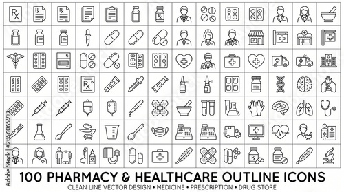 Comprehensive set of 100 pharmacy and healthcare outline icons with pharmacy