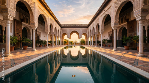 Beautiful Moorish architecture courtyard with a reflecting pool and intricate arches at sunset, featuring detailed Islamic carving and serene luxury atmosphere