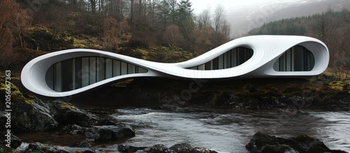 Modern white flowing house over river in forest