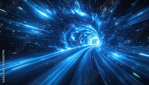 A visualization of a warp speed tunnel with streaks of blue light.