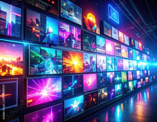 A wall of screens displaying vibrant and futuristic imagery.