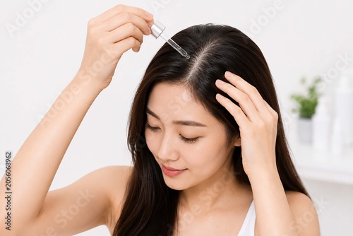 Young Asian woman applying hair serum directly to her scalp using a dropper. Hair growth, scalp care, hair treatment, healthy hair, beauty, and wellness concept on a clean bright background.
