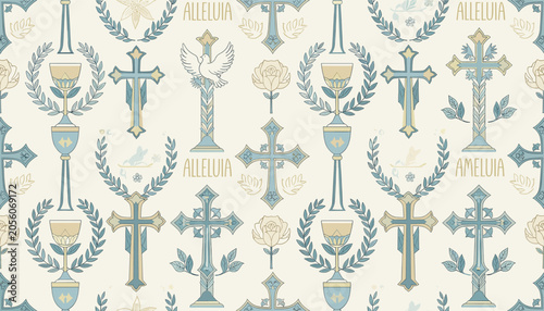 Cuadro en lienzo Intricate religious pattern featuring crosses, chalices, doves, and floral motifs in a vintage color palette