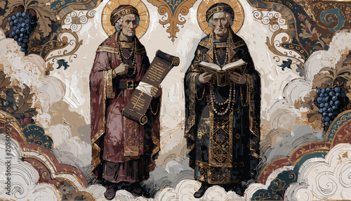 Εκτύπωση καμβά Two ornate religious figures, possibly saints, in elaborate robes holding sacred texts, surrounded by decorative elements and clouds