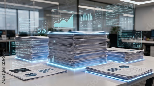 A futuristic office scene featuring stacked documents with digital analytics and graphs displayed above, illustrating data management and analysis.