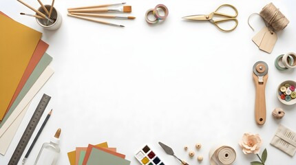Creative border design featuring scissors, brushes, paper, ruler, watercolor paints, and crafting accessories surrounding a spacious blank center.