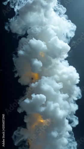 Abstract thick white smoke column rising against a dark background, showing a fire explosion