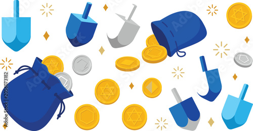Bild auf Leinwand Hanukkah Dreidel and Gelt Set with Blue Pouches and Gold Coins Featuring Star of