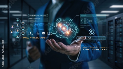 Artificial intelligence data analysis agent interface floating above hand in server room, neural network processing, command input, profile sets, activity logs.