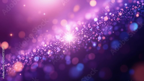 Glowing stream of purple and blue particles with sparkling bokeh lights floating on a dark background