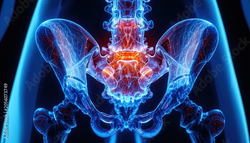 Futuristic Digital Illustration of Human Pelvis and Spine with Glowing Lumen Effect