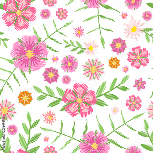Seamless square embroidery with flowers and leaves on white background. Vector image.