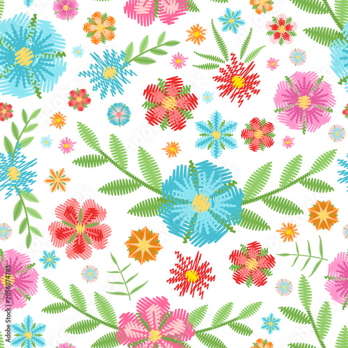 Seamless square embroidery pattern with flowers and green leaves on white background. Vector dawing.