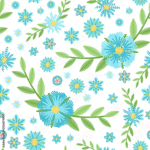 Square seamless embroidery with blue flowers and green leaves on white background. Vector drawing.