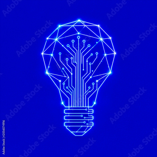 Glowing Blue Light Bulb with Electronic Circuit Design   