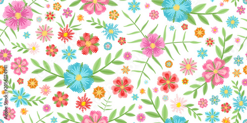 Seamless embroidery pattern with flowers and leaves on white background. Vector design.