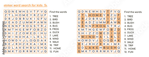 Word search puzzle with mixed letters and highlighted answers, Summer  