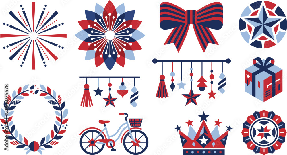 Obraz premium A collection of patriotic american themed design elements including fireworks stars ribbons gift boxes wreaths and a bicycle isolated on a clean white background set