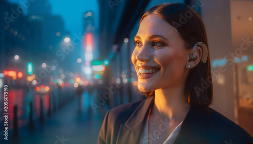Woman with hearing aids posing beneath city lights during evening blue hour creating a smiling confident joyful urban portrait photograph generative AI