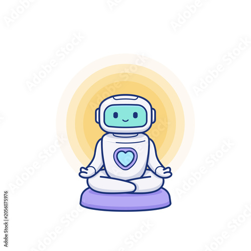 A cute cartoon robot sitting in a lotus position for mindfulness and wellness meditation in flat vector style