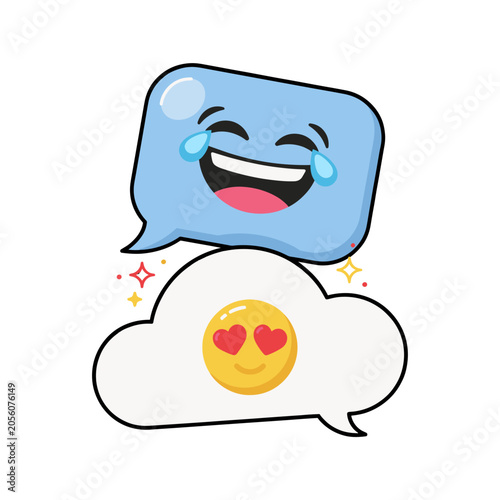 A playful illustration of two stacked chat bubbles featuring expressive digital emoji icons for World Emoji Day
