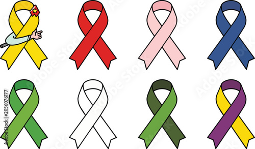 Collection of colorful awareness ribbons on for various causes and charities