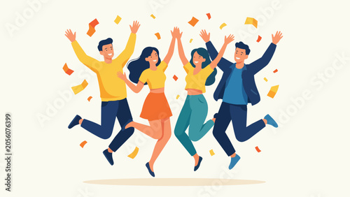 Four people jumping in the air with confetti around them celebrating