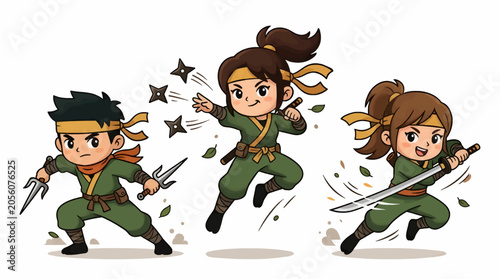 Fotografija Cute Cartoon Ninjas in Dynamic Action Poses, Throwing Shurikens and Swinging Swo