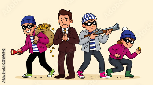 Photos Cartoon Illustration of Four Thieves with Money Bag and Gun, One Man Begging, Fl