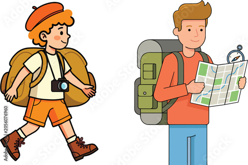 Two cartoon boys with backpacks and a map for travel or adventure