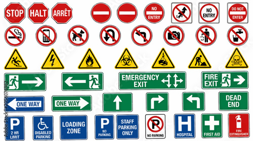 Bild auf Leinwand Collection of Safety and Directional Signs, Including Stop, No Entry, Emergency