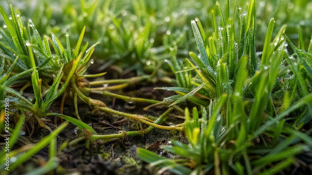 Fototapeta premium stolon. Lush green lawn with stolon network connecting grass clusters, morning dew. gardening catalogs, home-decor guides, designed for gardening and botanical catalogs, enhances decor appeal.