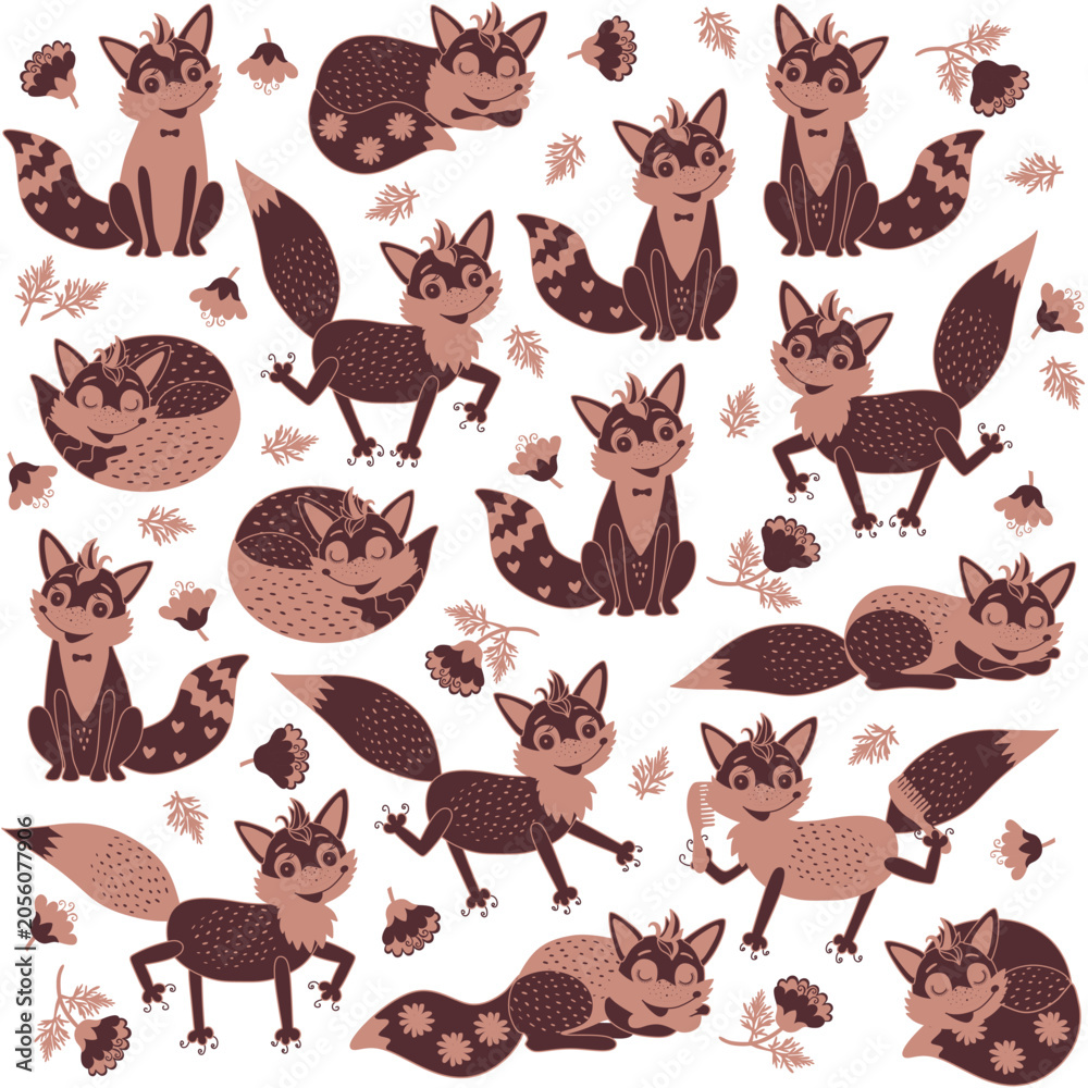 Fototapeta premium Beautiful collection with foxes in different poses in red mahogany and muted clay colors isolated on white background