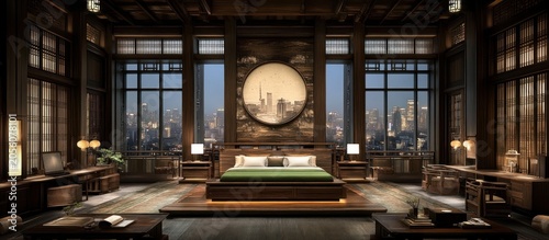 Asian-style bedroom, city view, night, luxury hotel