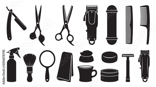 Tableau sur toile Barber Tools Collection In Black Silhouette hairdressing