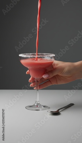 Pink liquid is poured into a margarita glass with a salted rim, held by a woman's hand, with a spoon on the side.