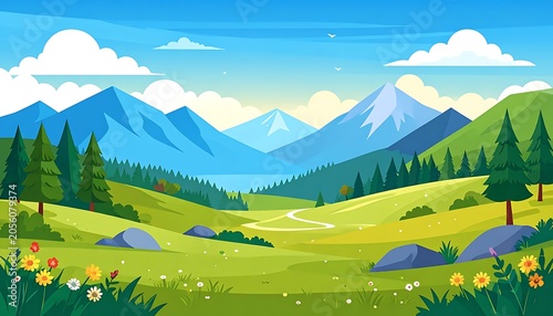 A serene landscape with rolling hills, trees, flowers, and mountains