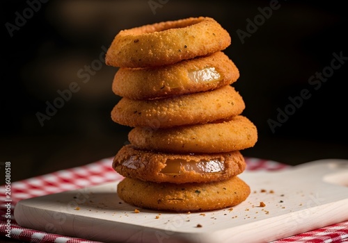 Crispy breaded onion rings stacked high on a cutting board, showcasing a delectable fried appetizer perfect for casual dining and pub fare, presented with appetizing texture