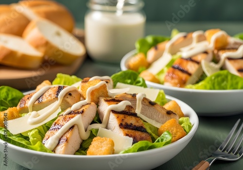 Enjoy a delicious and flavorful grilled chicken Caesar salad served with crusty bread and creamy dressing, showcasing a satisfying meal perfect for lunch or dinner