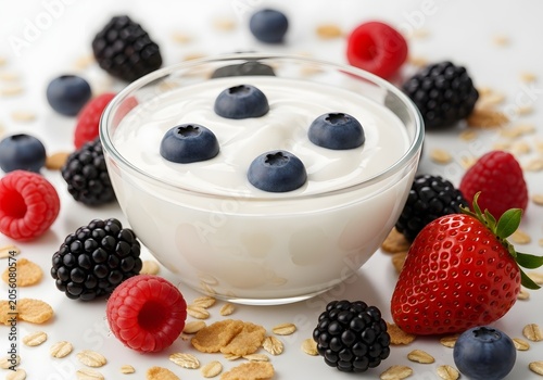 A refreshing bowl brimming with creamy plain yogurt topped with succulent blueberries, artfully encircled by a vibrant assortment of ripe raspberries, luscious blackberries, juicy strawberries